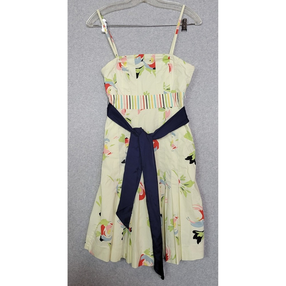 Maeve Anthropologie Floral Fit and Flare Dress Yellow Navy Sash Size 0